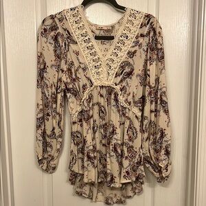 Cream and Brown V-Neck Bell Sleeve Blouse